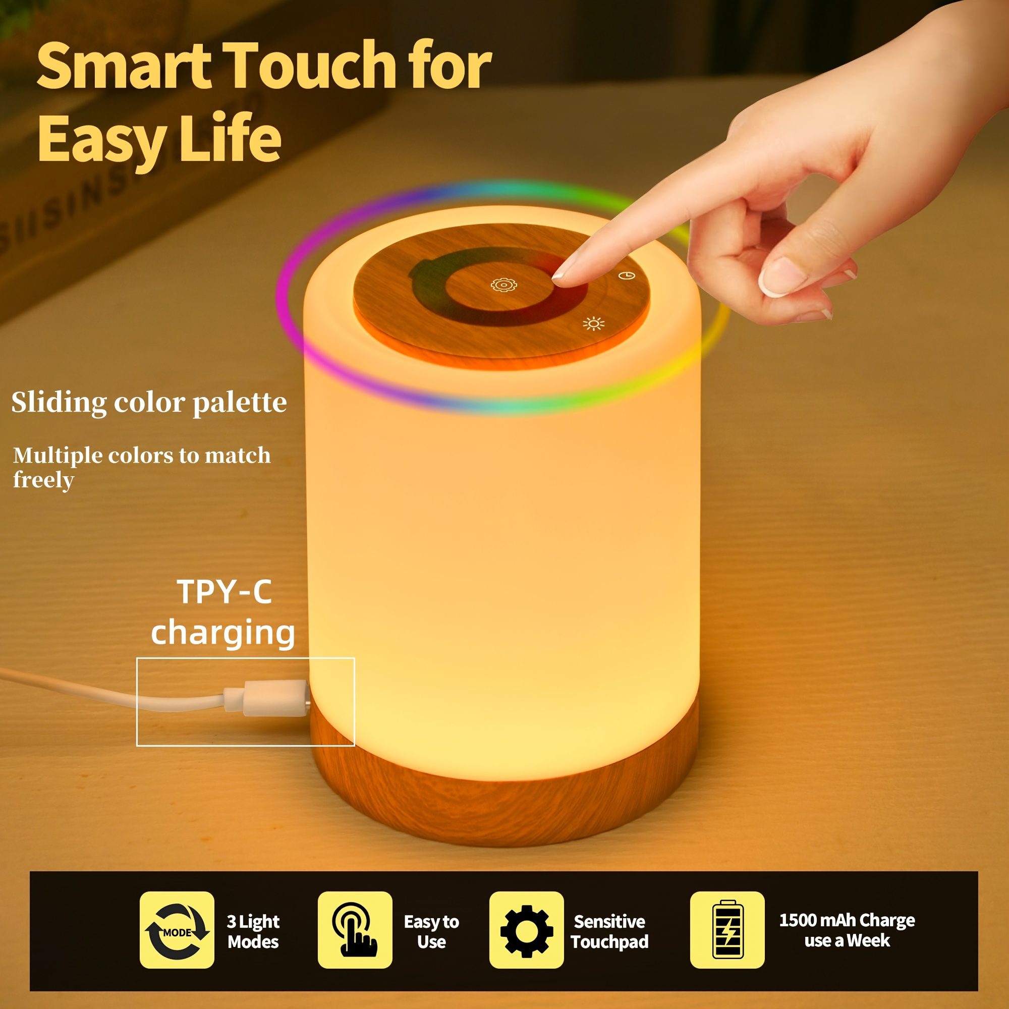 1pc/2pcs Bedside Lamp, Touch Night Lamp, Wood Grain Color Table Lamp, 3 Lighting Mode, 5 Brightness Level, RGB Ambient Lamp, Soft Light Reading Table Lamp, 1500mAh Battery, TPY-C Charging Use, Portable Lamp, Suitable for Bedroom, Living Room - Image 3