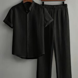 Men's Summer, Fashionable Wave Pattern Simple Casual Short Sleeve Shirt and Plain Trousers Set
