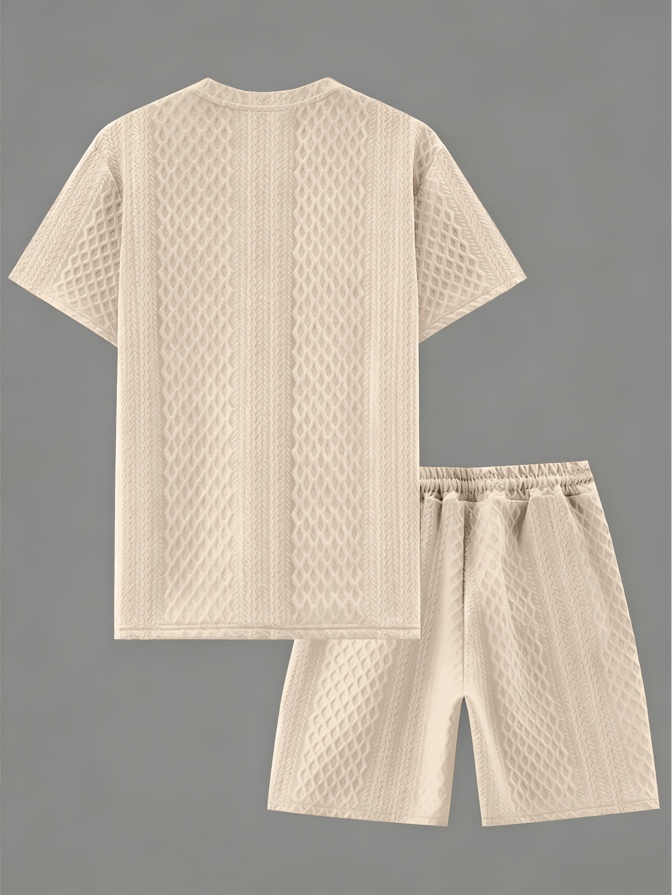 Men's New Textured Fabric Crew Neck T-Shirt + Drawstring Shorts Set - Image 10