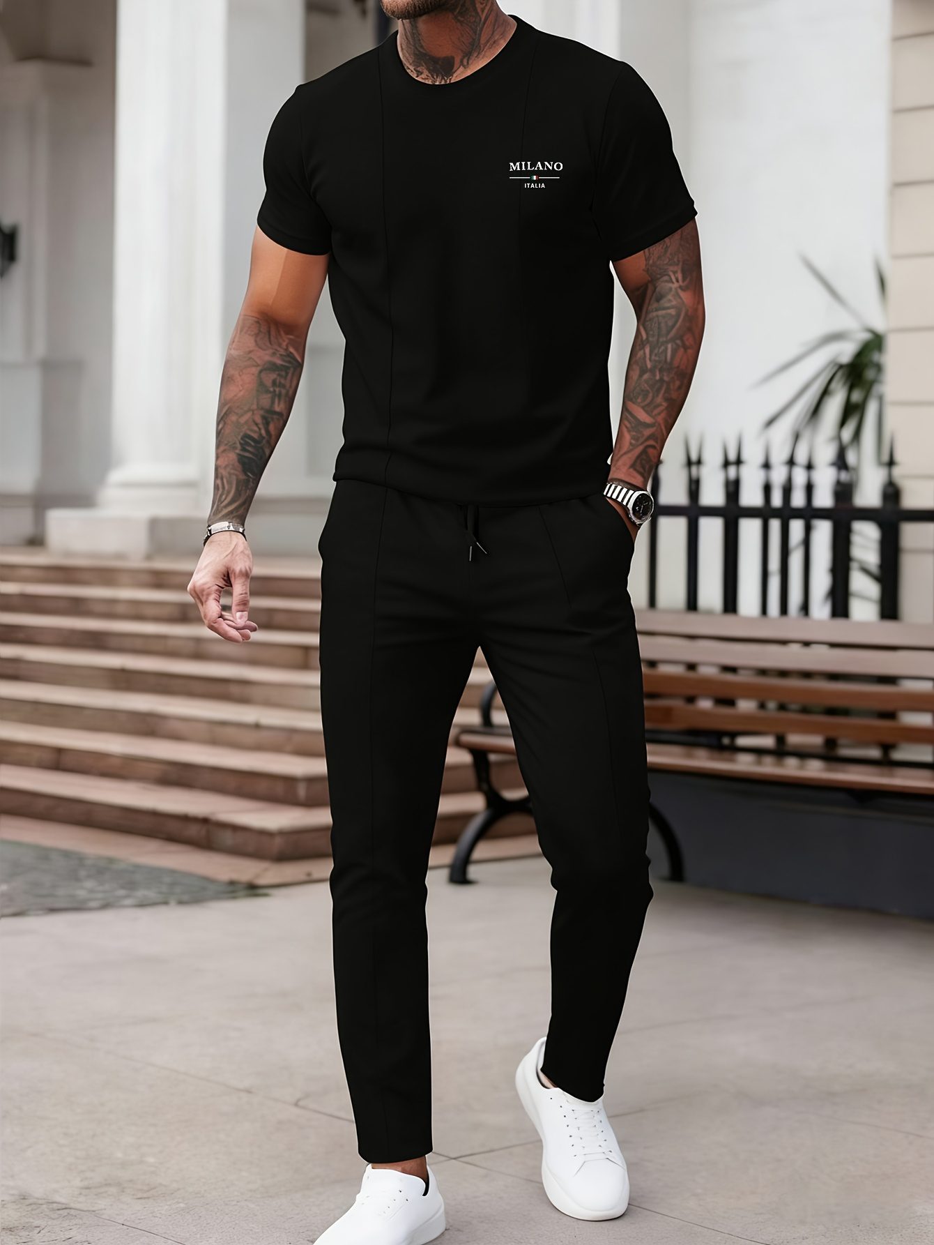 Spring and Summer Men's Waffle Texture Round Neck Short Sleeve Casual 2pcs Set. The Unique Waffle Weave Fabric Is Soft and Comfortable, with a Solid Color Design That's Versatile and Easy to Wear. Perfect for Daily Outings, Outdoor Activities - Image 5