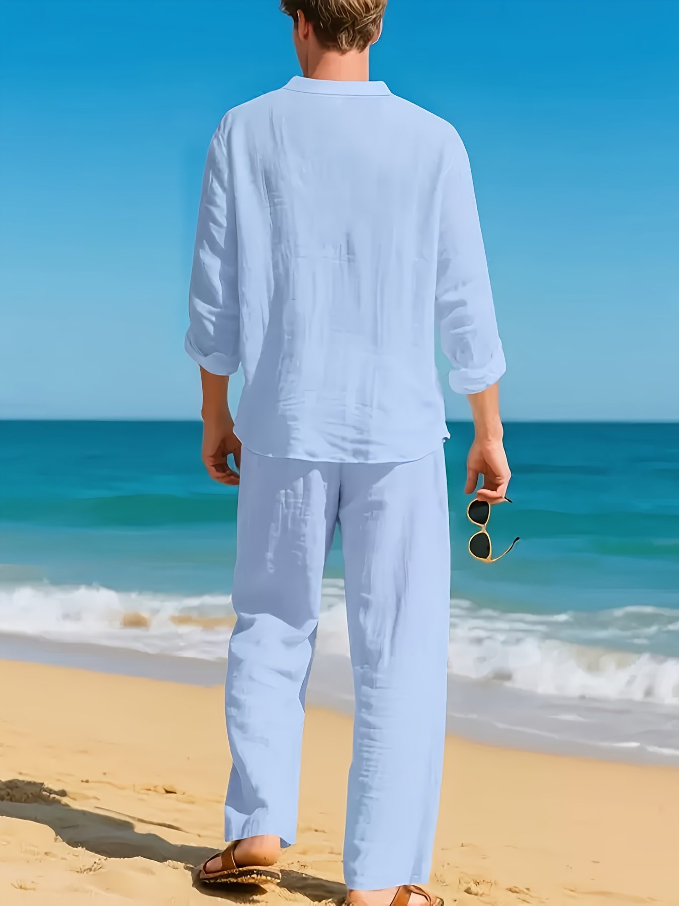 Cross-Border New Men'S Linen Casual Loose Long-Sleeved V-Neck Breathable Long Pants Set for Spring, Summer, Autumn, And Winter - Image 10
