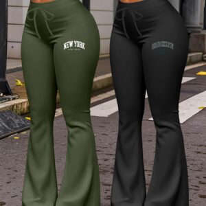 New Autumn Women's Clothing from Europe and America, NEW YORK & BROOKLYN Letter Print, Daily Casual Wear, Two-Pack of Comfortable Slim-Fit Stretch Tapered Straight-Leg Pants with Drawstring Waistband