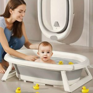 Baby Large Bath Tub for Children, Plastic Folding Bathing Basin, Foldable Soaking Tub That Can Be Used for Sitting Or Lying Down, Includes a Folding Bath Rack, Folding Water Bucket, And Folding Water Scoop in a 4pcs Set