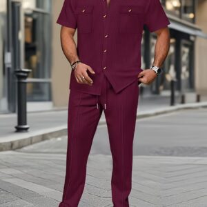 Men'S Casual Short Sleeve Shirt And Long Pants 2pcs Set Commuter Outfit, Textured Buttons And Pockets, Versatile Style
