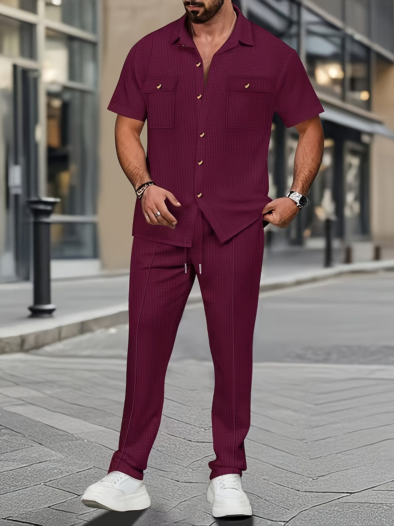 Men'S Casual Short Sleeve Shirt And Long Pants 2pcs Set Commuter Outfit, Textured Buttons And Pockets, Versatile Style