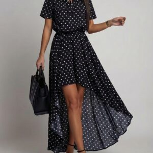 Retro Black Background White Polka Dot Dress Women Short-Sleeved Neckline Tie Waist Front Short Back Long Irregular Swallowtail Skirt Flowing Chiffon Long Skirt Light Mature Style Daily Dating Vacation Versatile Dress
