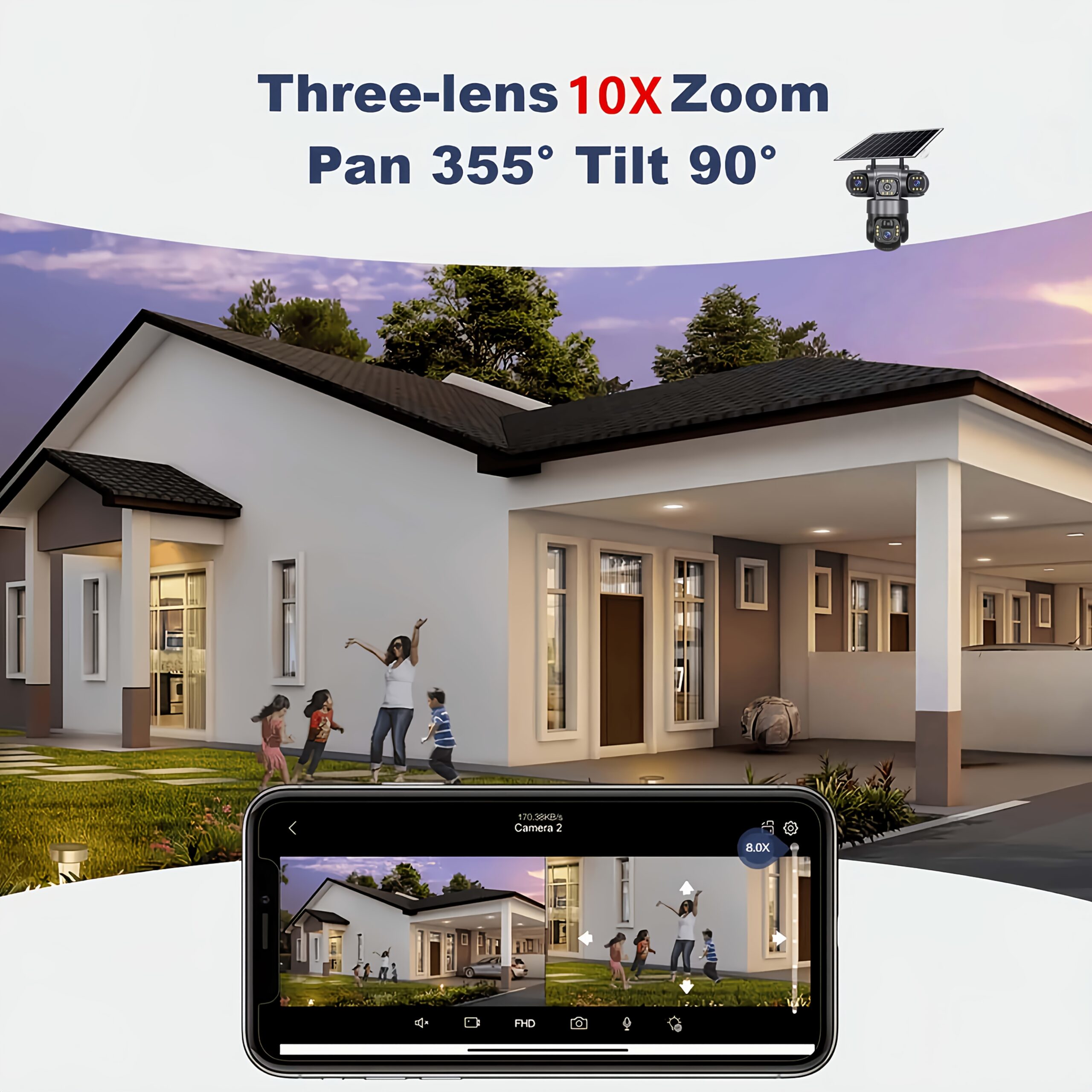 New Model 3 Lens 3 Screen Security Camera Wireless Outdoor - Solar/Battery Powered, WiFi & No SIM Card Needed (Connect & Use) | Multi-Angle Monitoring for Home/Patio/Yard | AI Motion Detection, Color Night Vision, 2-Way Audio, Siren, Cloud Storage - Image 2