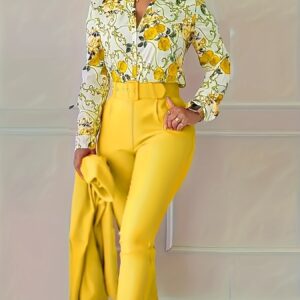 Chongzhong Only Elegant Floral V-Neck Blouse and Drawstring Tapered Pants Set - Comfortable, Durable, Suitable for All Seasons