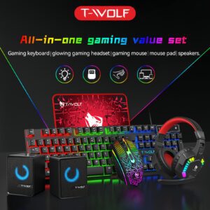 TF880 Complete Wired Gaming Set: Perfectly Compatible with PC, Laptop, And Console, Featuring an Anti-Slip Mouse, Sturdy Mouse Pad, Comfortable Headset, Dreamlight Keyboard, And Versatile Speaker with USB Power, 3.5Mm Output, Dual Diaphragm