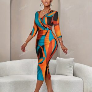Women'S Autumn And Winter Fashion Floral Print Crossover Wrap Seven-Sleeve V-Neck Bodycon Dress