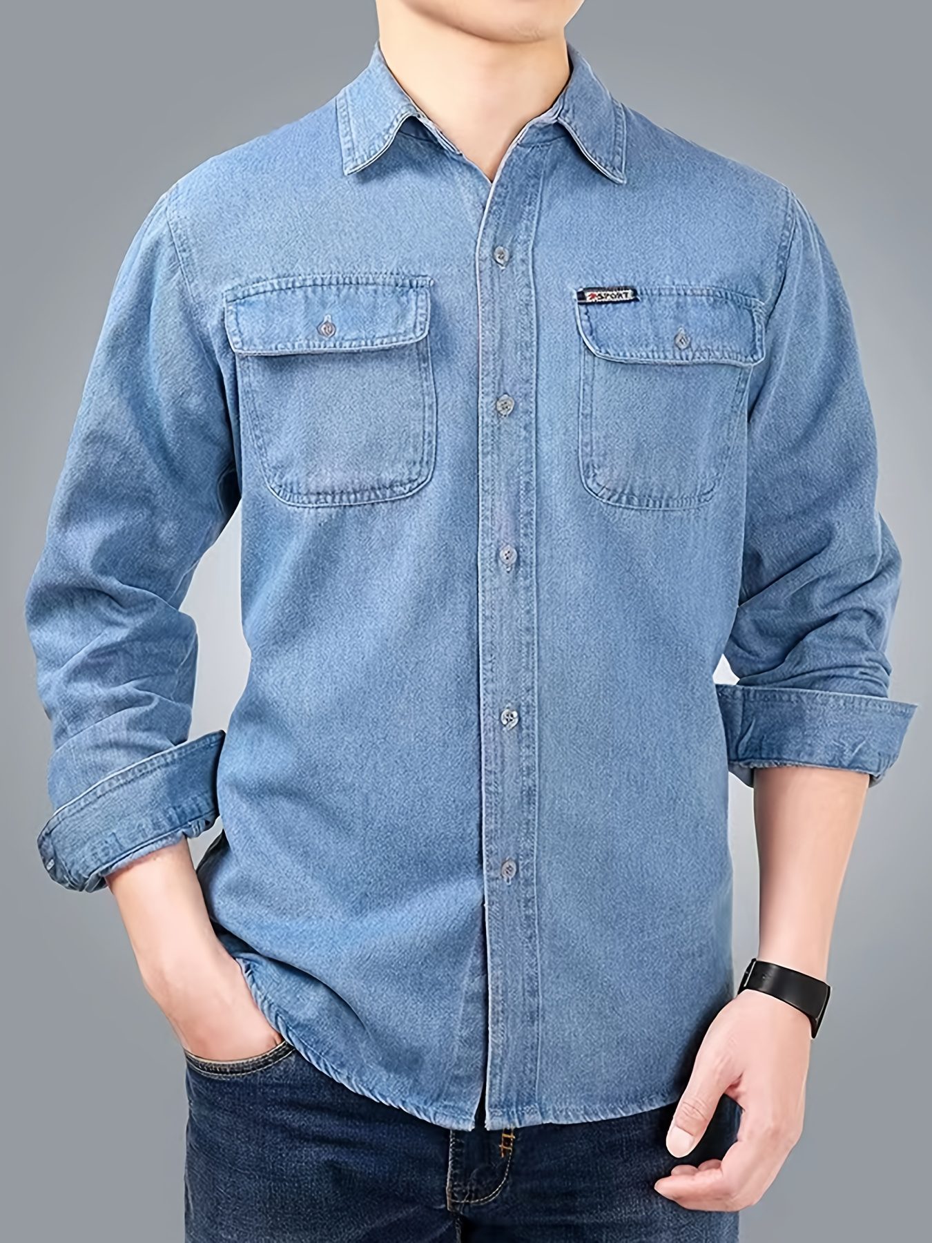 Men's Spring/Autumn Denim Shirt Long Sleeve Fashion Loose Casual Pure Summer Lightweight Workwear Labor Protection Jacket - Image 7