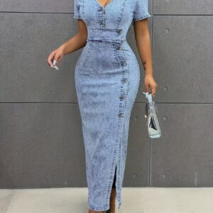 Women's Casual Button-Front Slit High-Stretch Denim Dress