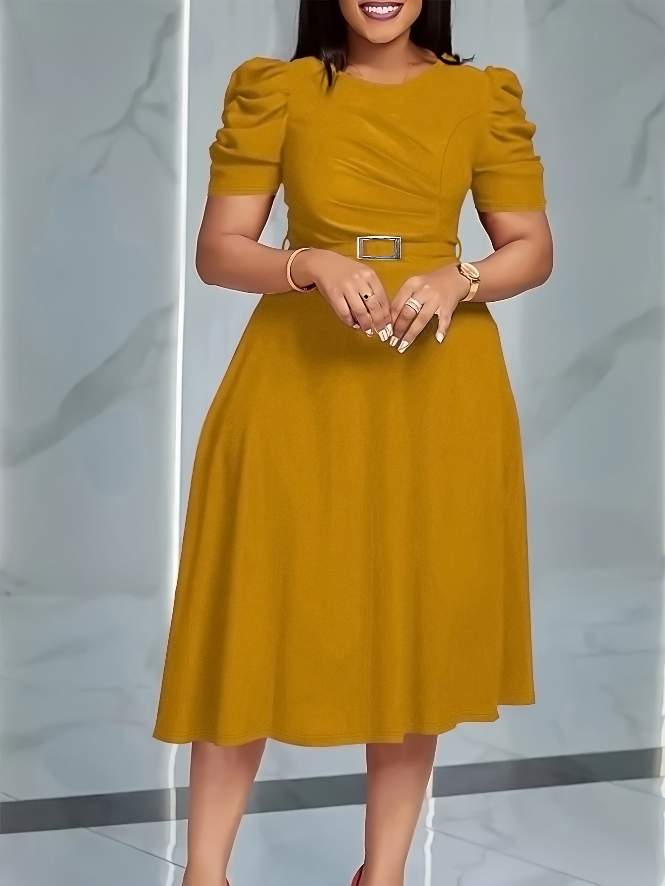 Elegant V-Neck Midi Dress with Ruffle Details | Solid Color Short Sleeve, Waist Belt, Flowing Skirt for Spring/Summer, Comfortable And Stylish Fit And Flare Silhouette - Image 5