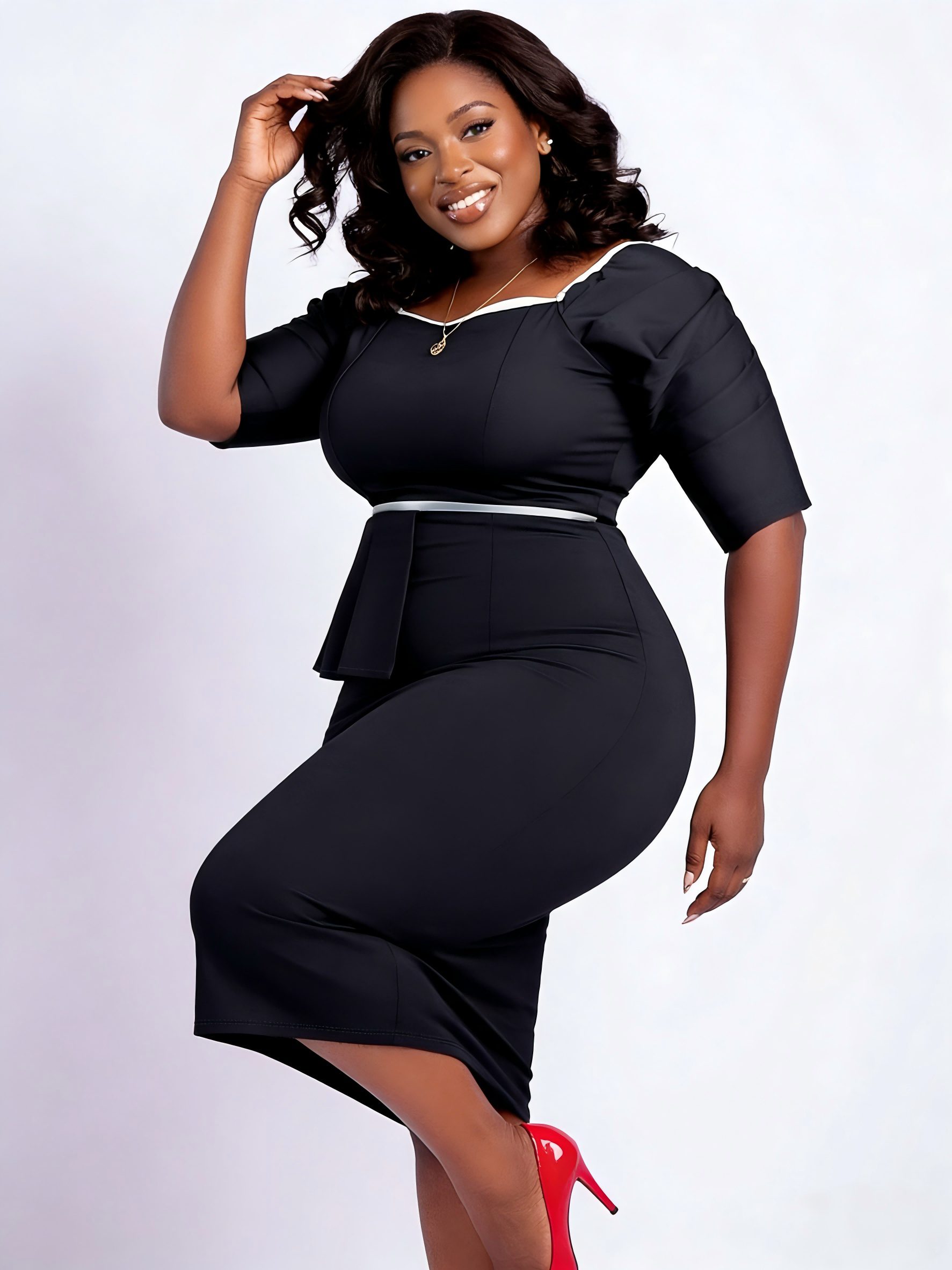 Women's Midi Dress with Cinched Waist & Ruffled Hem - Short Sleeve Square Neck Pencil Suitable for Work, Office, Commuting - Machine Washable Bodycon Dress with Color-Blocked Hemline (No Chest Padding) - Image 3