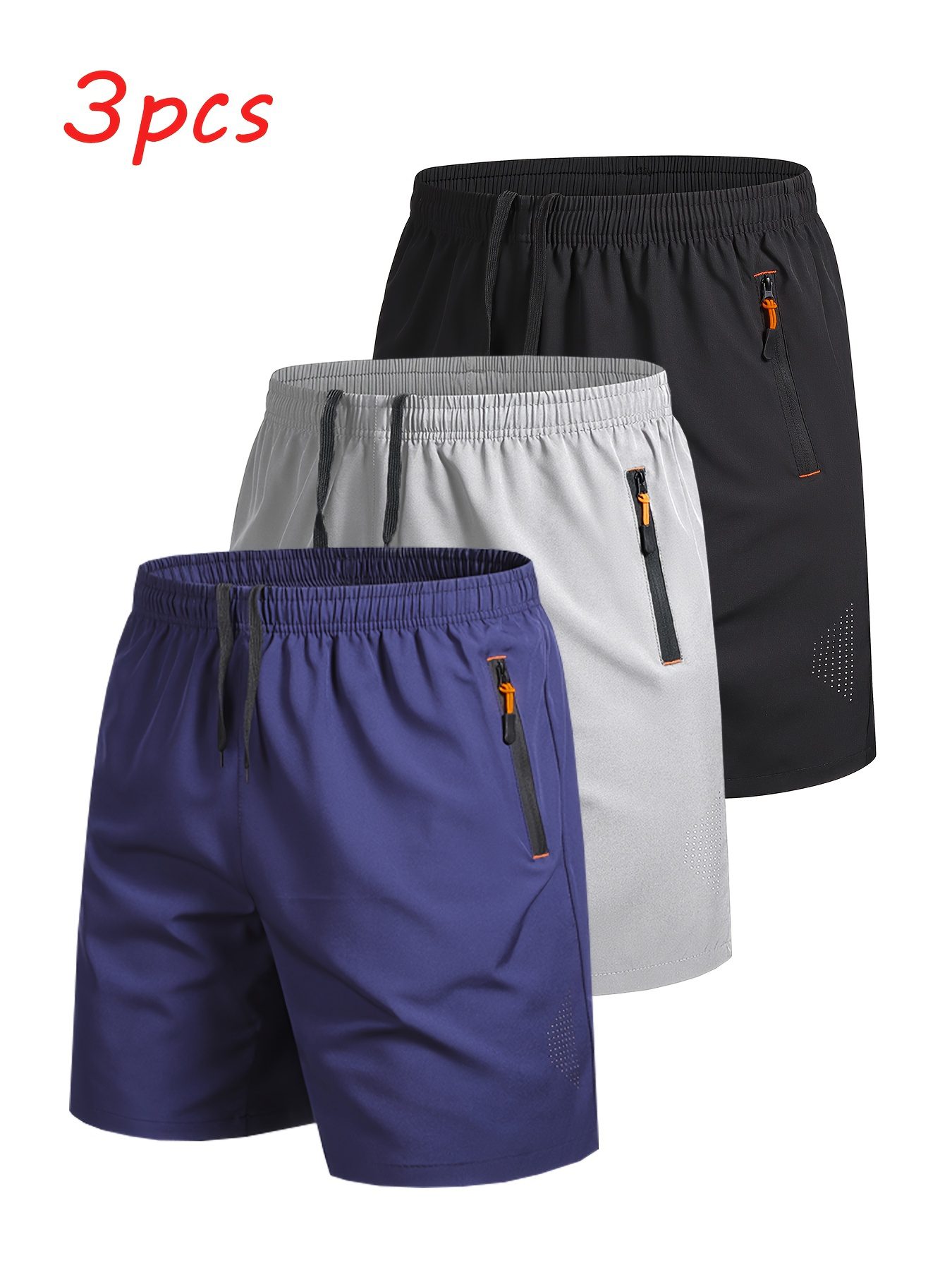 3pcs Men's Outdoor Sports Casual Shorts, Solid Color Zipper Pocket Running Fitness Quick-Dry Breathable Athletic Shorts - Image 2