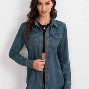 Vintage Distressed Denim Shirt for Women | Casual Long-Sleeve Button-Up Jacket, Non-Stretch Fabric, Solid Color, Ideal for Spring/Fall Season