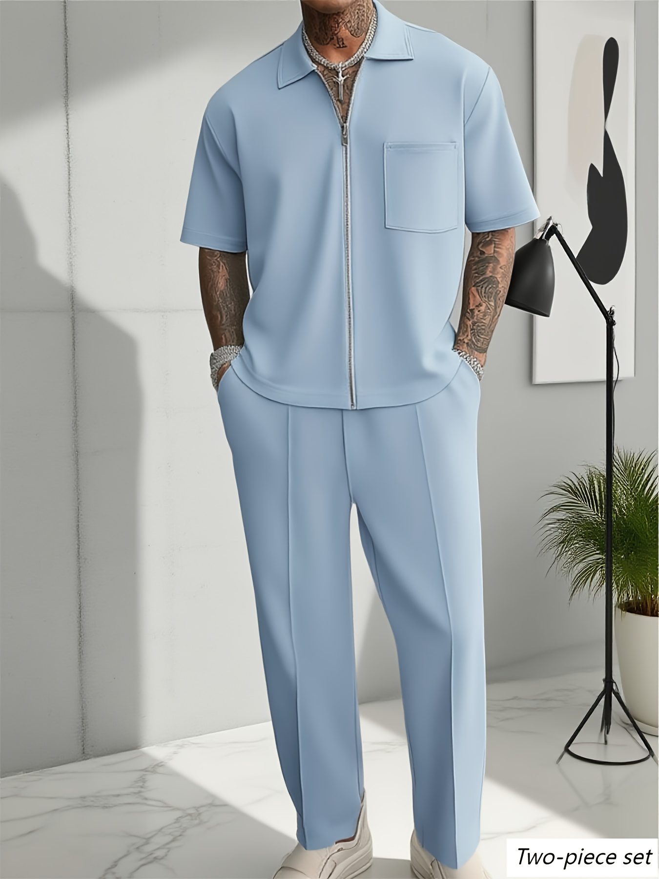 New Streetwear Trend Men's Set: Light Blue Loose Cardigan Short-Sleeve Zip-Up Top with Pockets, Casual Long Pants, Short-Sleeve and Long Pants Set - Image 2