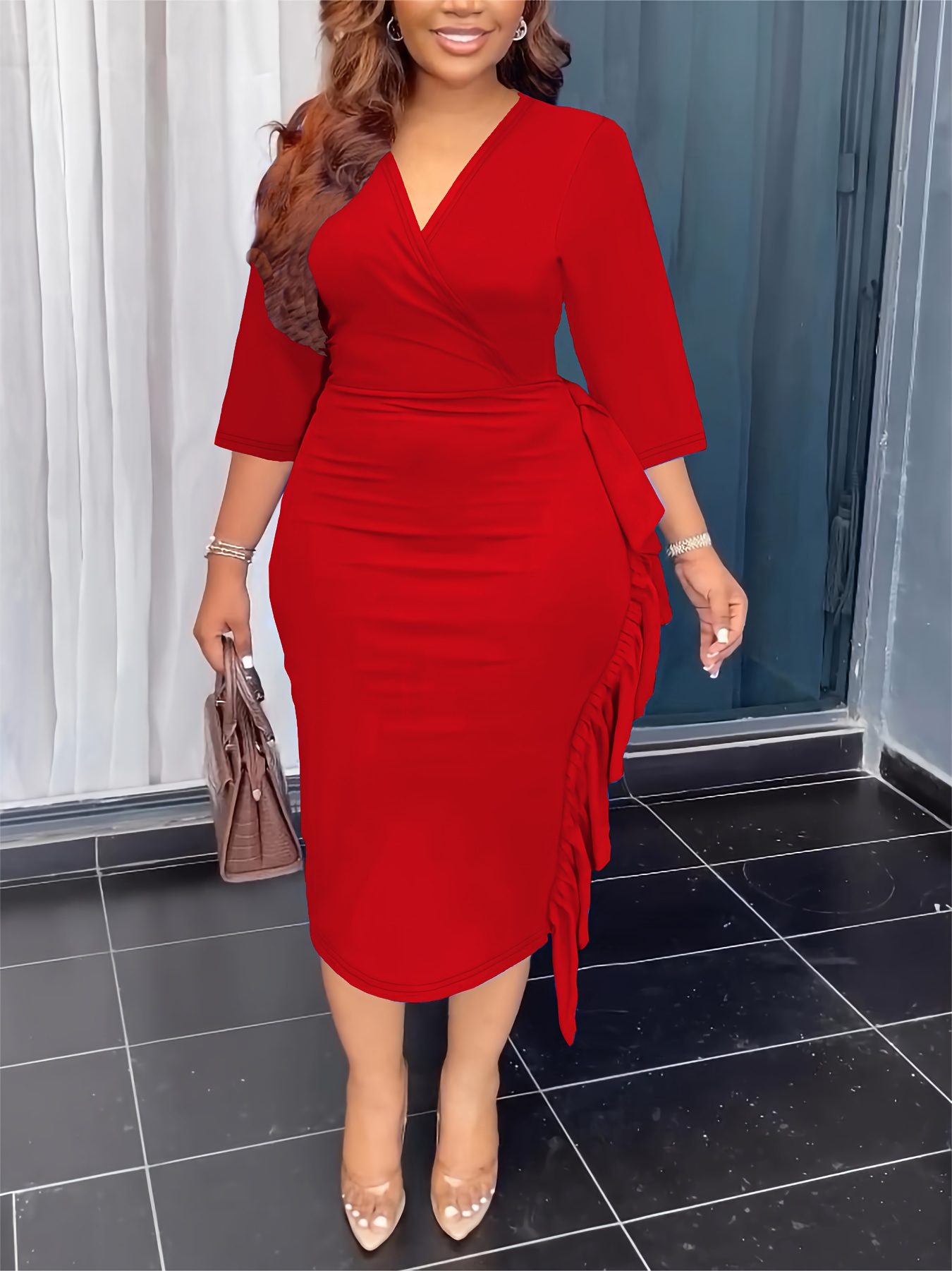 Ladies' Fashion Elegant V-Neck Ruffle Trim Cute Ribbon Dress + Zhou Dongzhi Elegant Direction