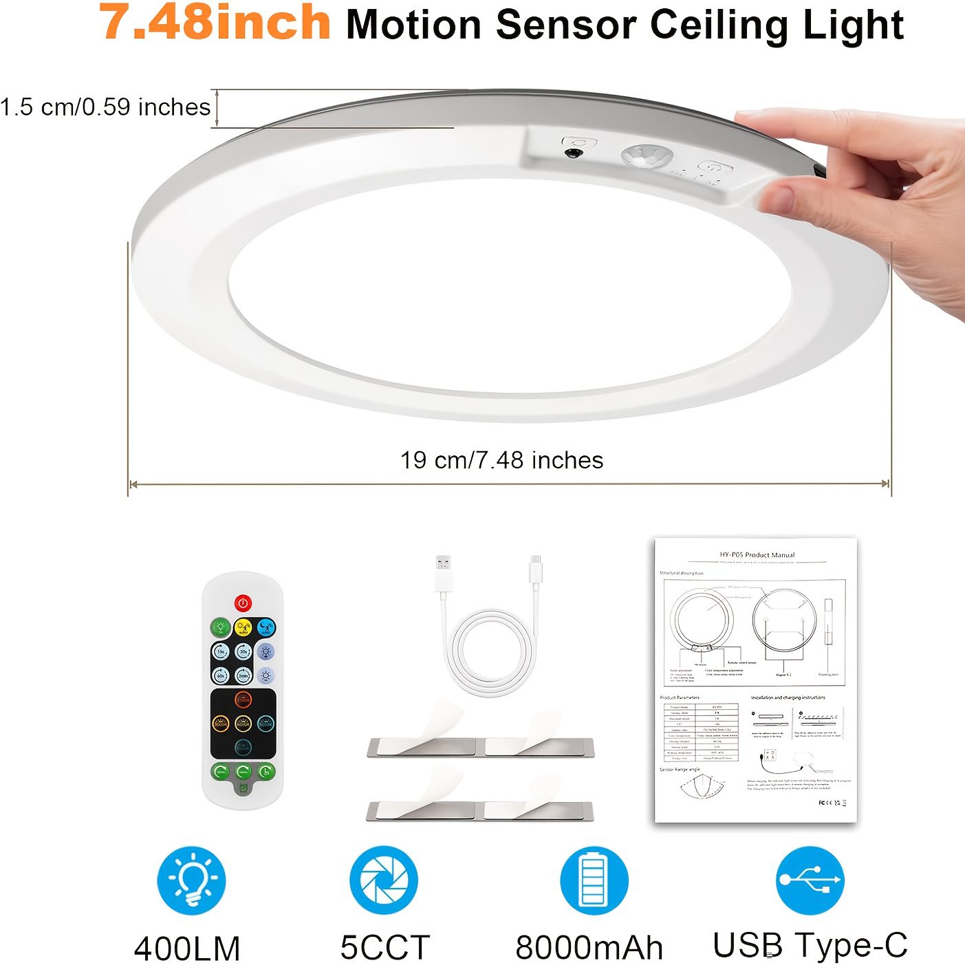Smart Sensor Ceiling Light, with Remote Control, Timed Light Off, 3 Lighting Modes, 5 Color Temperature Adjustments for Light Brightness, 8000Mah Super Large Capacity Rechargeable, Magnetic Installation Without Drilling, USB Charging - Image 4