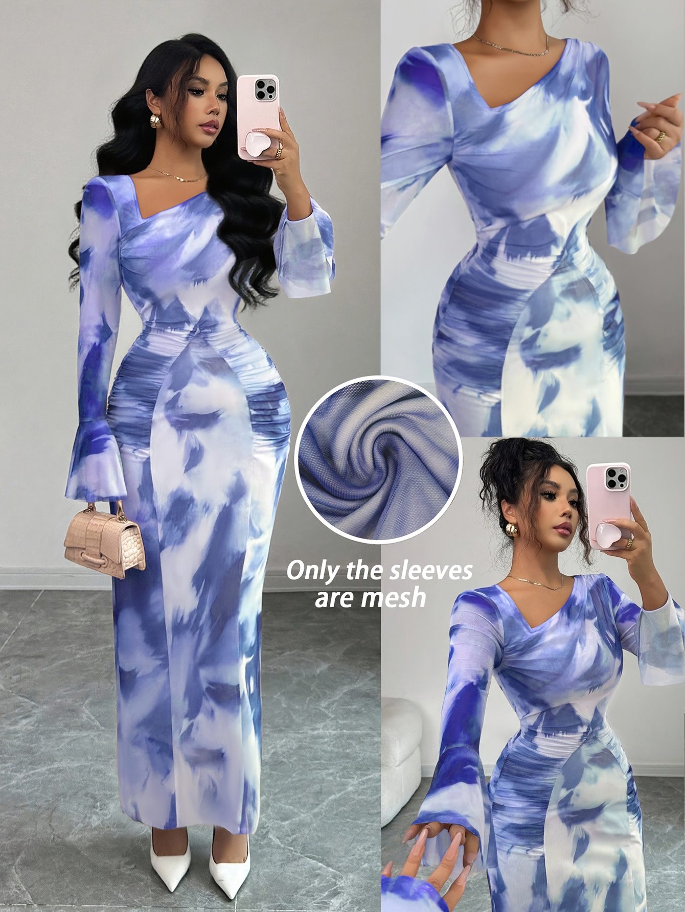 Elegant And Fashionable New Adult Women'S Autumn And Winter Floral Tie-Dye Print Notched Collar Long-Sleeved Flared Sleeve Slim Fit Waist Pleated Hip-Hugging Sexy Dating Commuting Vacation Dating Valentine'S Day Long Dress - Image 3