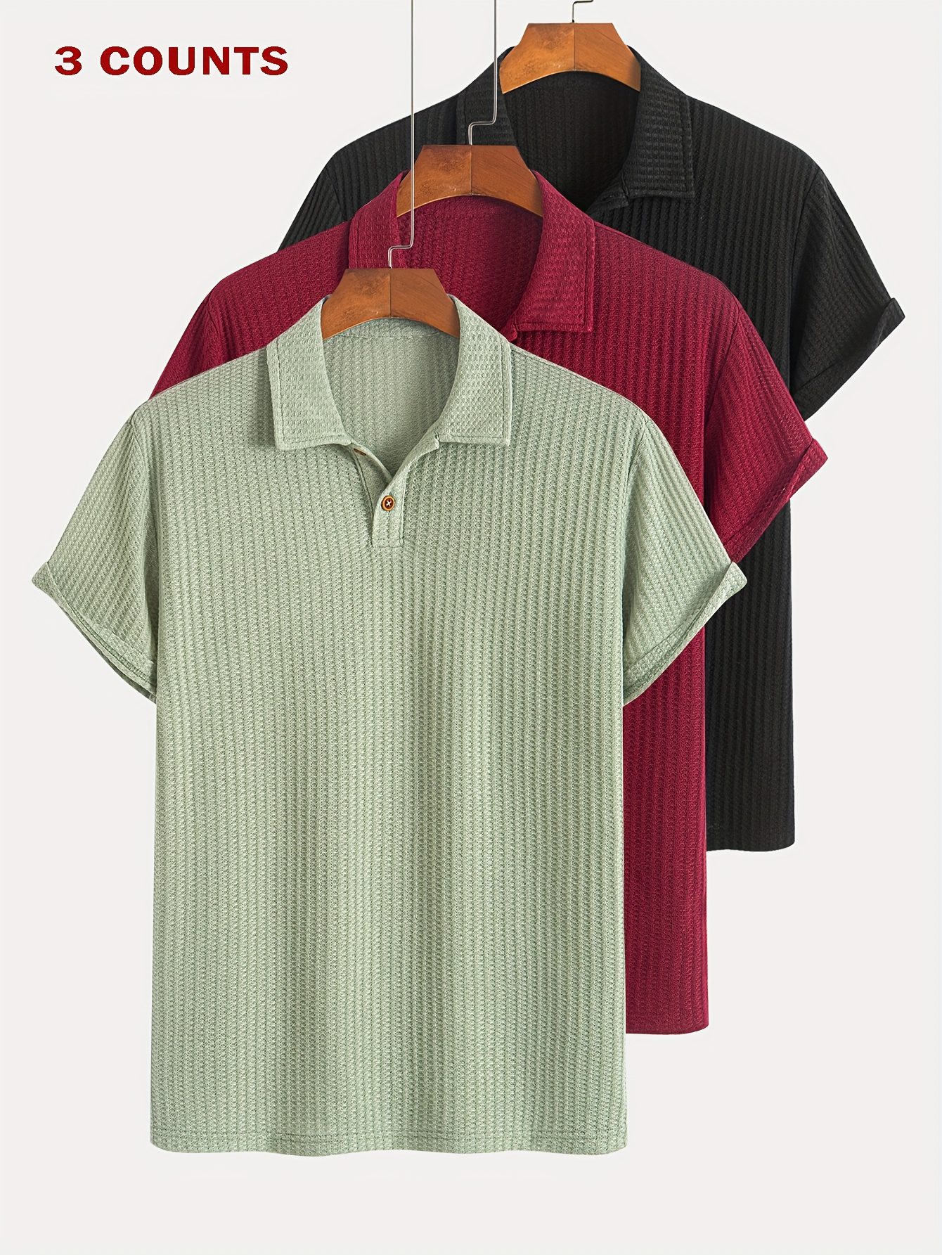 3pcs Set of Summer Casual Sporty Jacquard Knit Short-Sleeve Shirts, 3pcs Jacquard Texture Short-Sleeve Tops - Image 9