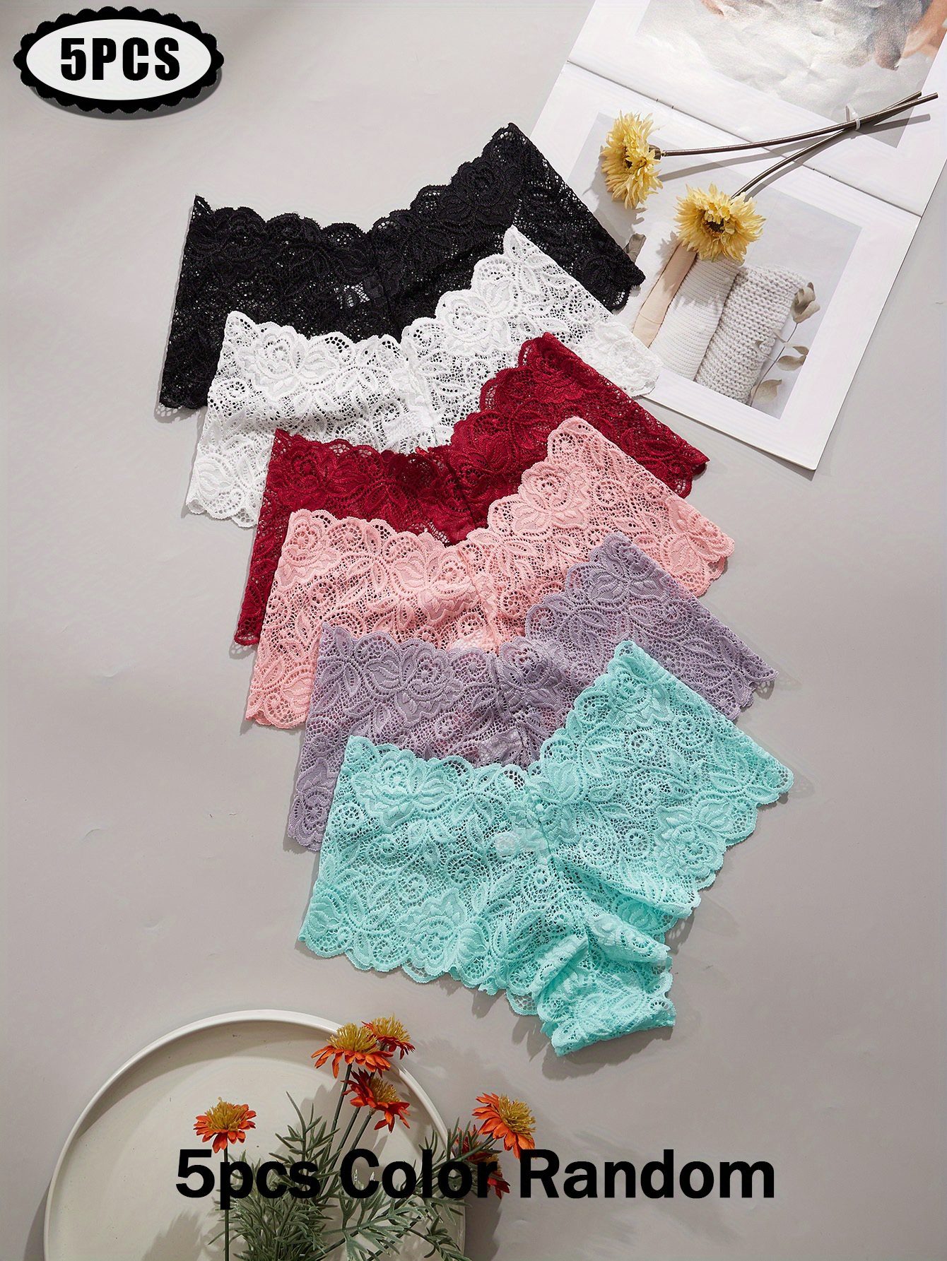 5pcs of Randomly Colored Women'S Low-Rise Lace Panties, Comfortable And Romantic, Perfect for Holiday Parties And Triangle Cut. - Image 2
