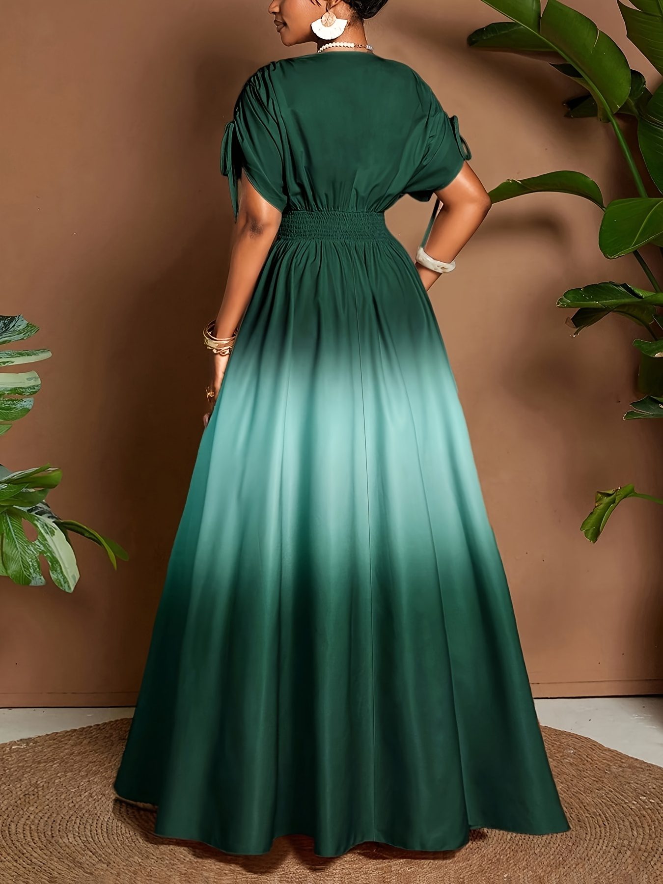 LL168 Women's Elegant Romantic Gradient Print Bow V-Neck A-Line Maxi Dress - Image 8