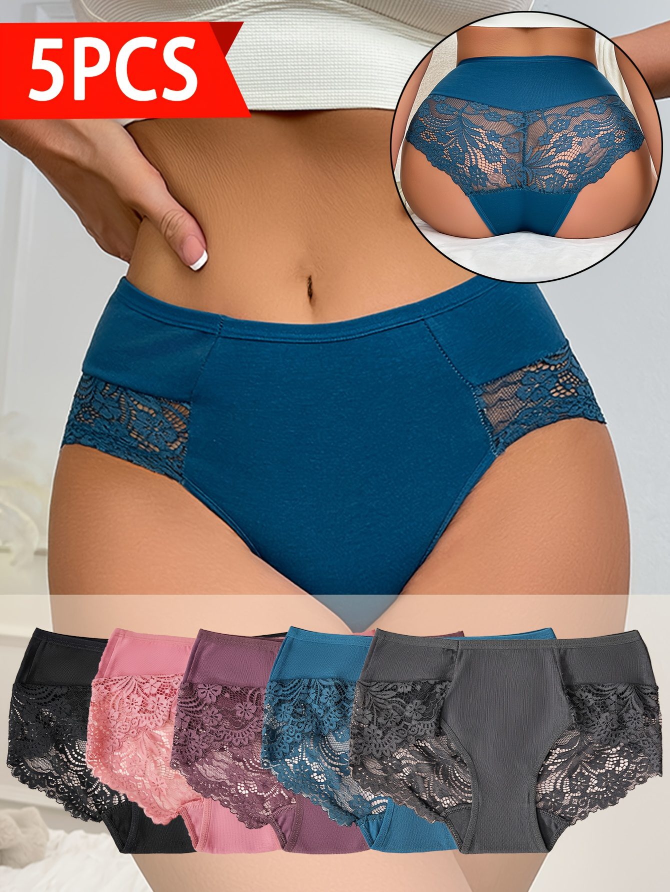 5pcs Women'S Elegant Lace Underwear - Semi-Sheer Breathable Mid-Rise Briefs with Contrast Lace Trim, High Elasticity Light Beige-Friendly Comfort, Assorted Colors (Navy, Pink, Black, Purple, White) for Casual Attire, Lace Panties, Comfortable Underwear, Semitransparent Design, Highelasticity Fabric, Daily Essentials, Stylish Panties, Soft Material, Seamless Panties, Stylish Women - Image 2