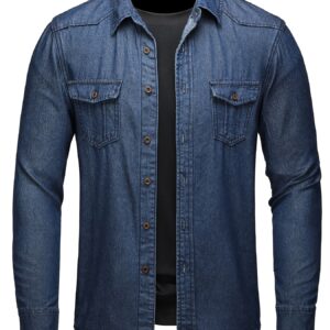 CS008 Men'S Slim Fit Turn- Collar Denim Shirt Classic Double Pocket Long Sleeve Top Business Casual Dark Wash Jacket Spring And Autumn Versatile Fashion Shirt Jacket