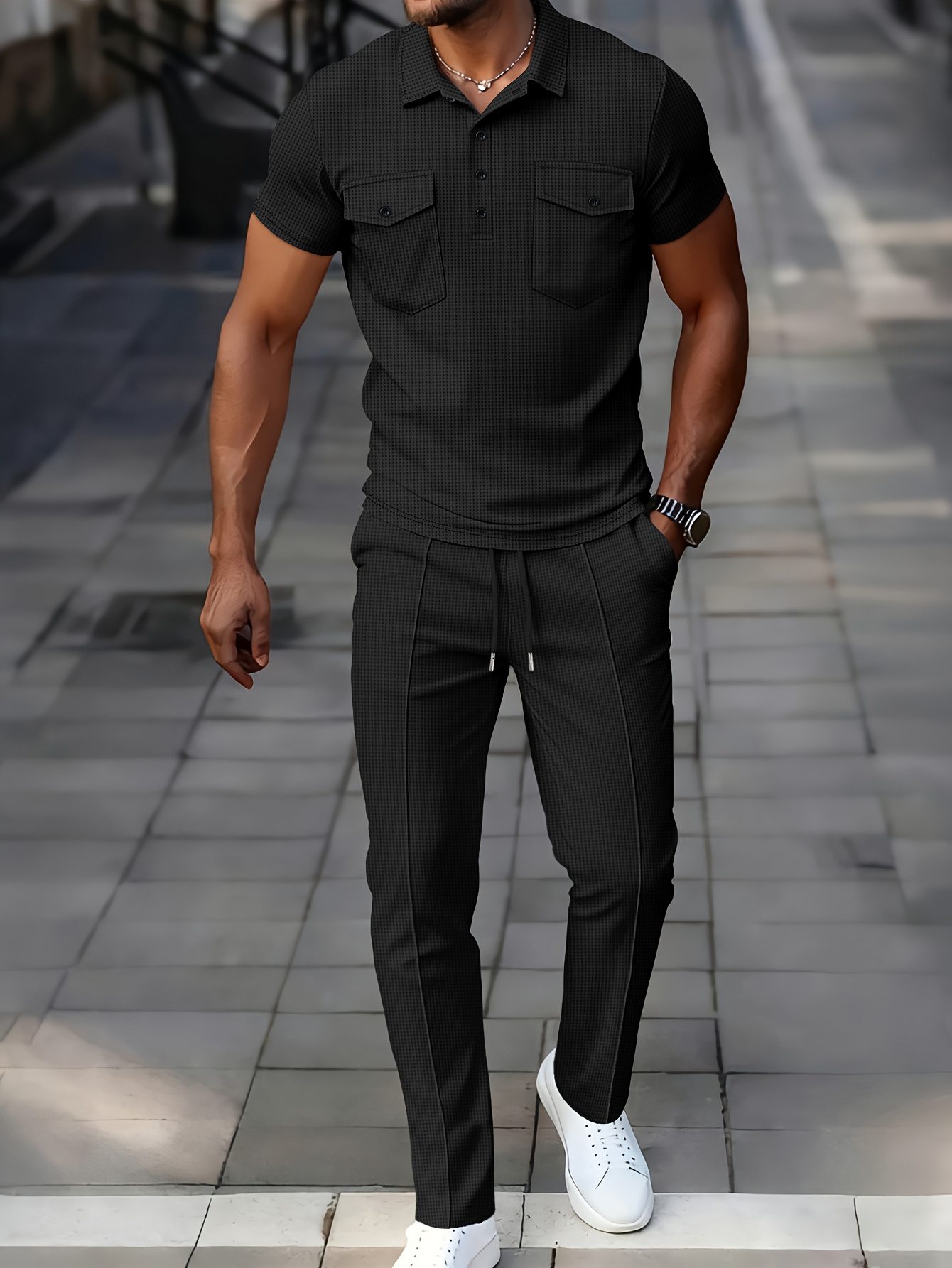 Men's 2pcs Set, Solid Color Minimalist Black Button-Up Short Sleeve Shirt with Two Pockets and Collar + Drawstring Waist Pants, Men's Spring/Summer Casual Vacation Daily Wear - Image 2