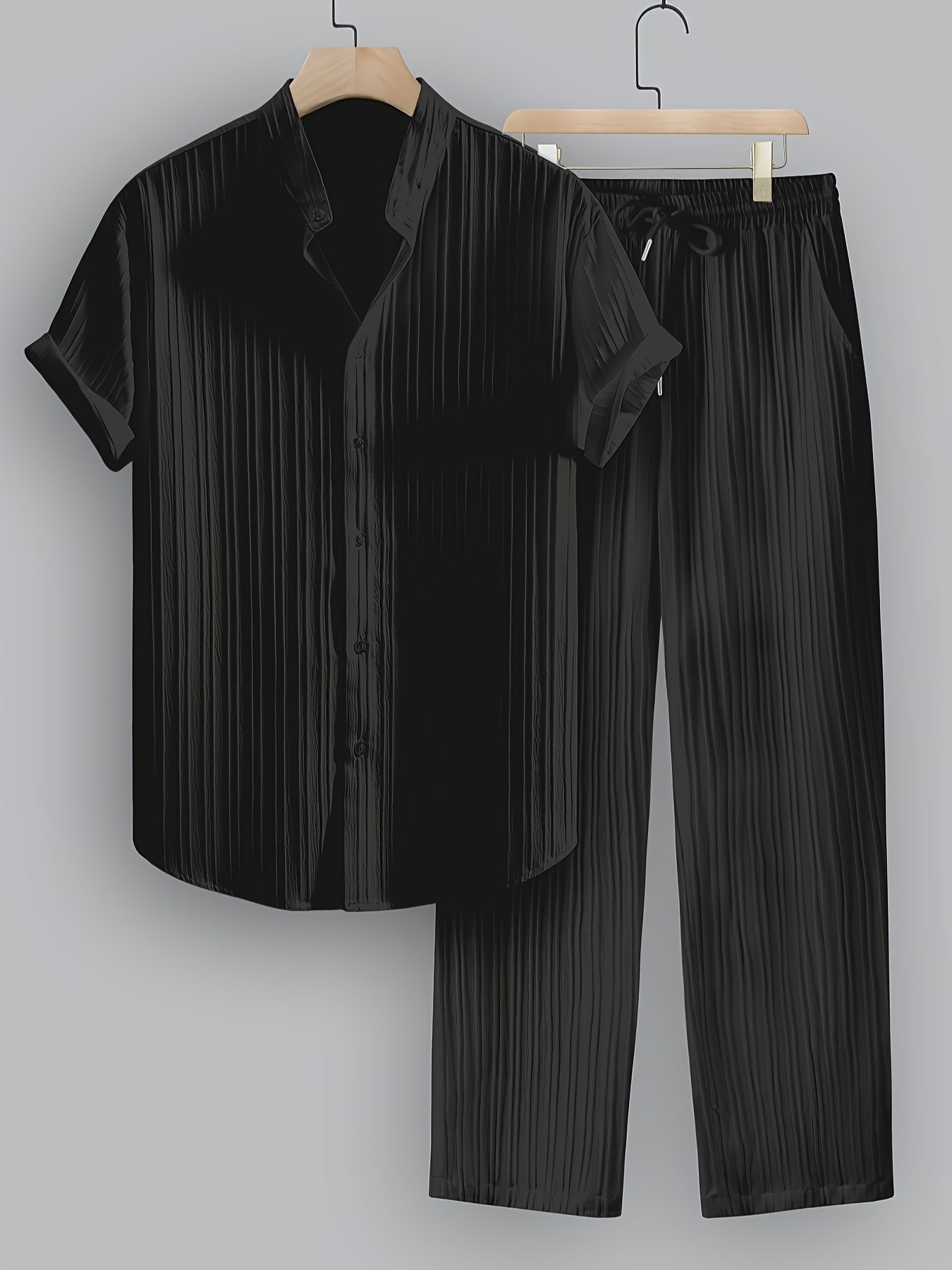 2pcs Men'S Summer Casual Striped Fiber Set, Short Sleeve Stand-Up Collar Shirt And Drawstring Pants, Non-Stretch Woven Fabric, Regular Fit for Daily Wear And Beach Vacation, Solid Color, Beach Vacation - Image 5
