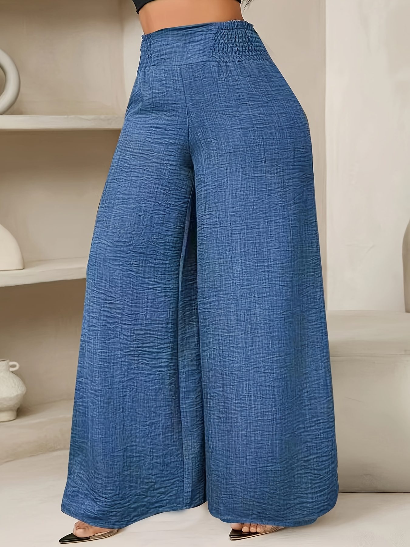 Women'S Casual Wide Leg Pants, Elastic Waist, Solid Color, Polyester 100%, Loose Fit, Long Length, Woven Fabric, 200g/m², for Spring/Fall, Weekend Casual Wear - Image 2
