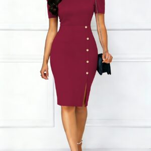 A Stylish And Comfortable Women'S Dress Featuring a Solid Color, Round Neckline, Decorative Buttons, And Short Sleeves, Perfect for Parties And Evening Occasions