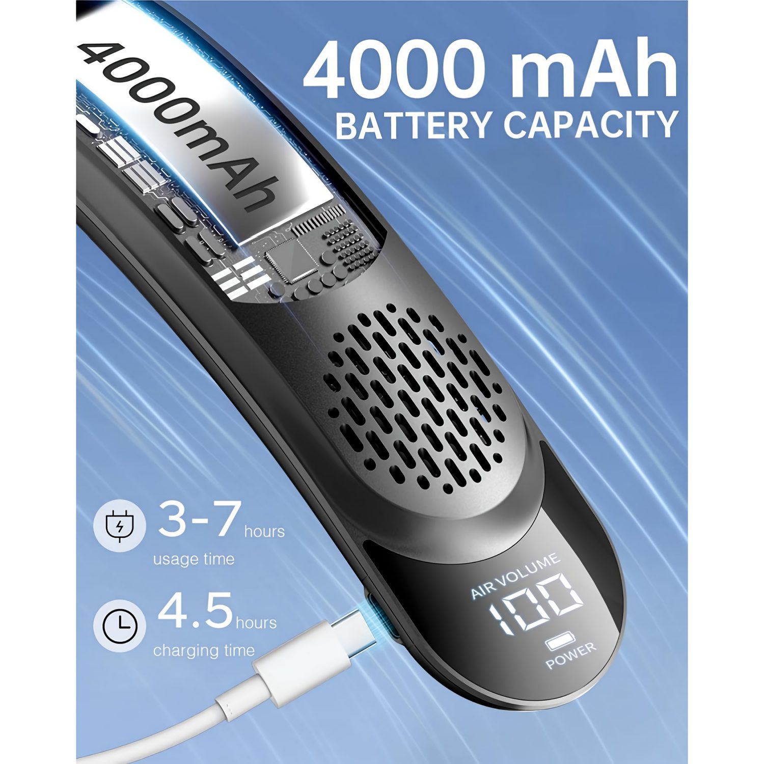 Wearable Neck Fan, Featuring 4 Turbo Settings, Powered by a 4000 Mah Battery, USB Rechargeable, with 3 Speed Options And 360° Airflow, Includes an LED Display, Perfect for Home, Office, Travel, Or As a Gift - Image 7
