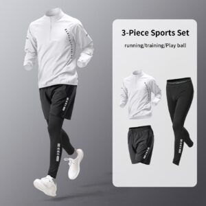3-Piece Men's Quick-Dry Sportswear Set, Including New Henley T-Shirt Long Sleeve Top, Pocket Zipper Drawstring Shorts, and High-Elasticity Leggings - Polyester/Spandex Blend, Suitable for Outdoor Leisure, Running, Fitness, Basketball, and Training