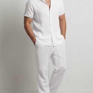 Men's Fashionable Solid Color Cotton- Shirt and Trousers Set, Casual Breathable 2pcs Outfit for Men