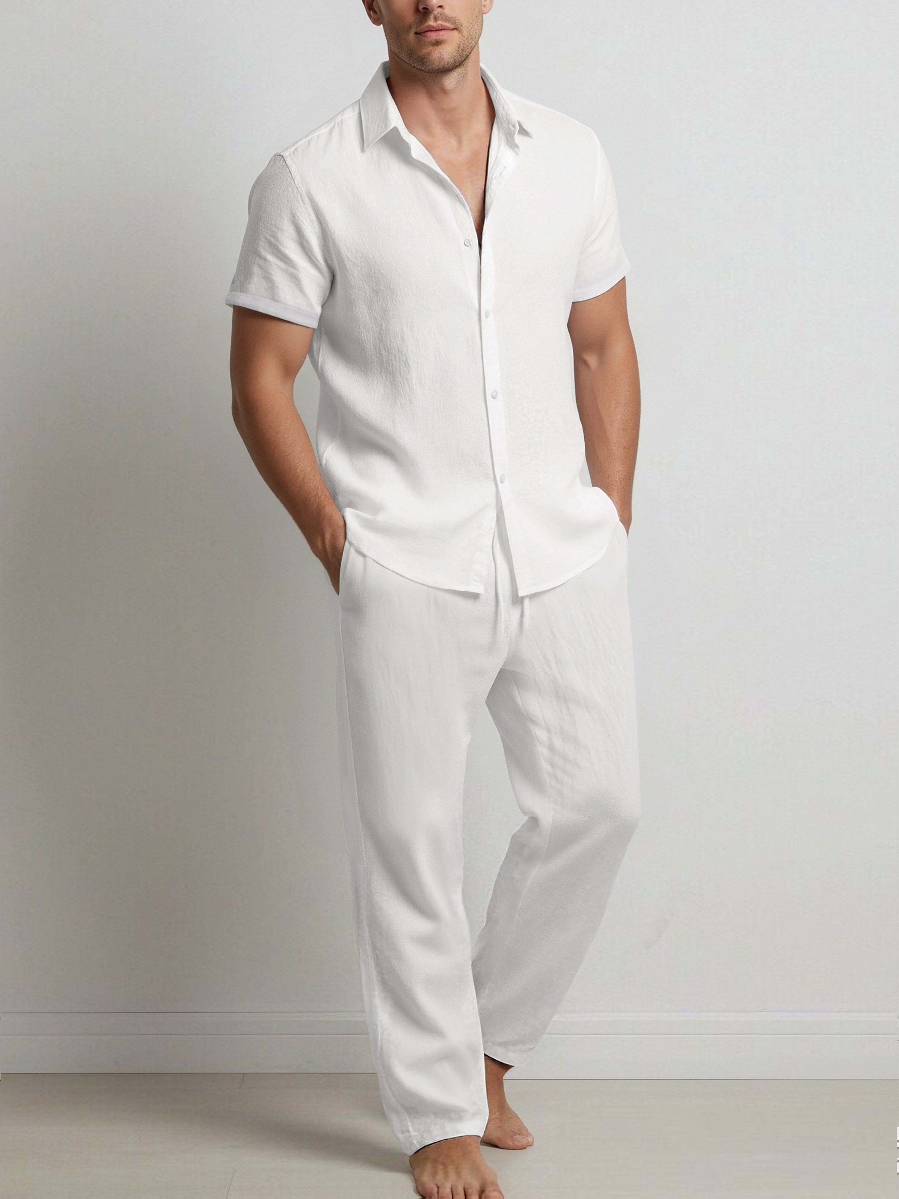 Men's Fashionable Solid Color Cotton- Shirt and Trousers Set, Casual Breathable 2pcs Outfit for Men