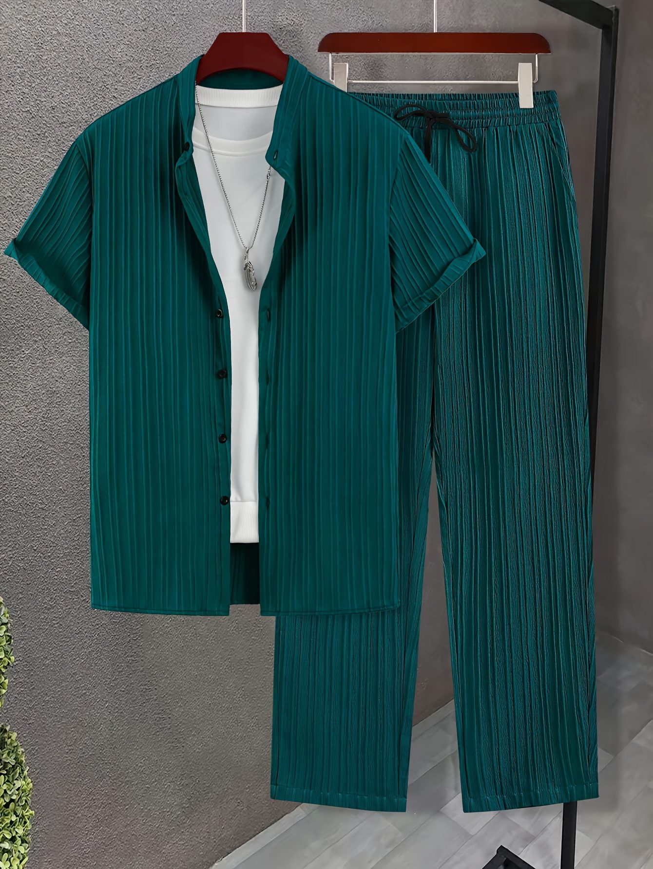 Men's New Trend Textured Wave Stripe Short Sleeve Long Pants Casual Set - Image 9