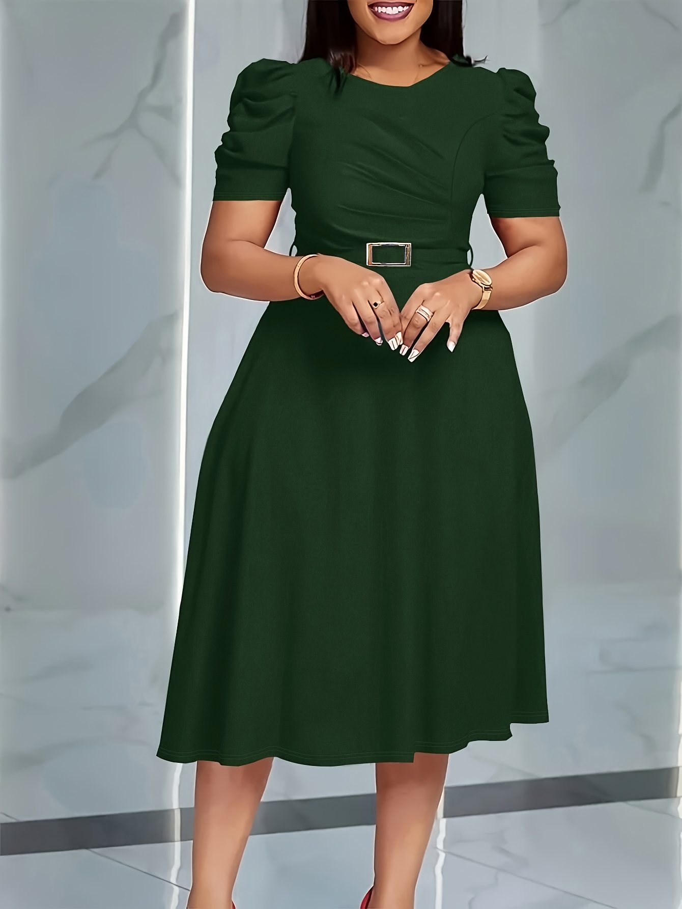 Elegant V-Neck Midi Dress with Ruffle Details | Solid Color Short Sleeve, Waist Belt, Flowing Skirt for Spring/Summer, Comfortable And Stylish Fit And Flare Silhouette - Image 8