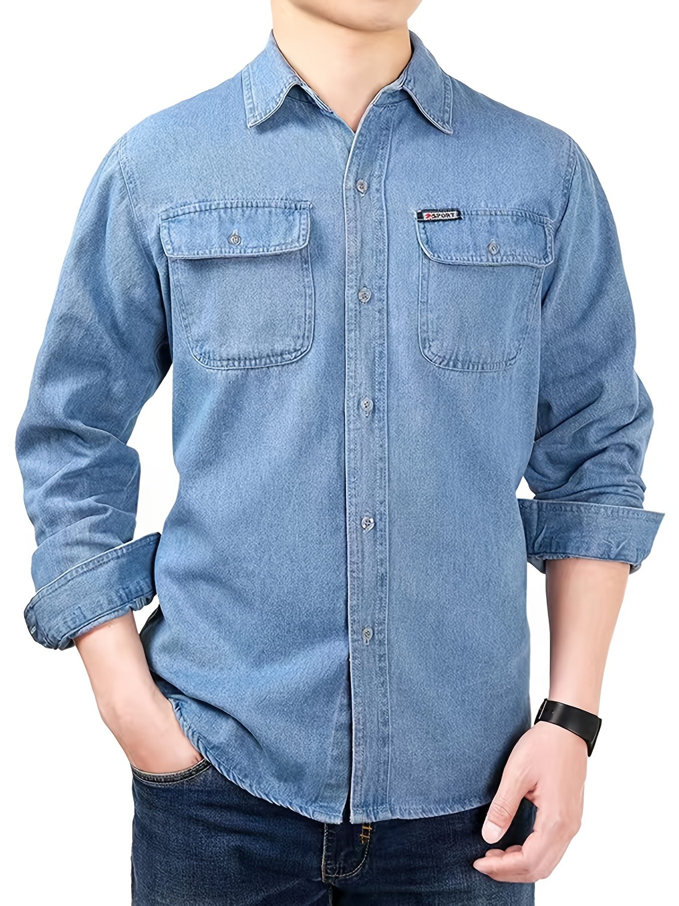 Men's Spring/Autumn Denim Shirt Long Sleeve Fashion Loose Casual Pure Summer Lightweight Workwear Labor Protection Jacket - Image 5