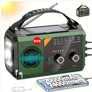 20000Mah Hand Crank Emergency Radio, SW/NOAA/AM/FM Weather Radio, Solar Powered Hand Crank Charger with Big Battery Powered, Portable, Cellphone Charge, SOS, Flashlight for Emergency/Home