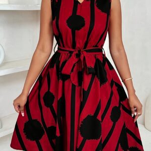 Elegant Red Floral Print Sleeveless Dress with Tie Waist - Notched Collar, A-Line Silhouette, Ruched Detail, Perfect for Summer, Adult Women'S Fashion, Casual Attire|Floral Print Dress|Polyester Fabric