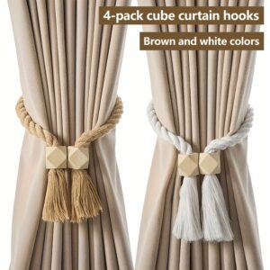 4pcs Bohemian Style Magnetic Curtain Tieback Set, Available in Brown or Beige with Cube-Shaped Magnets for Living Room and Bedroom Decor