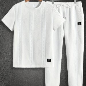 Men'S Suit Round Neck Car Knit Label Tassel Texture Short Sleeve Top Drawstring Slant Pocket Long Pants Casual Two-Piece Set