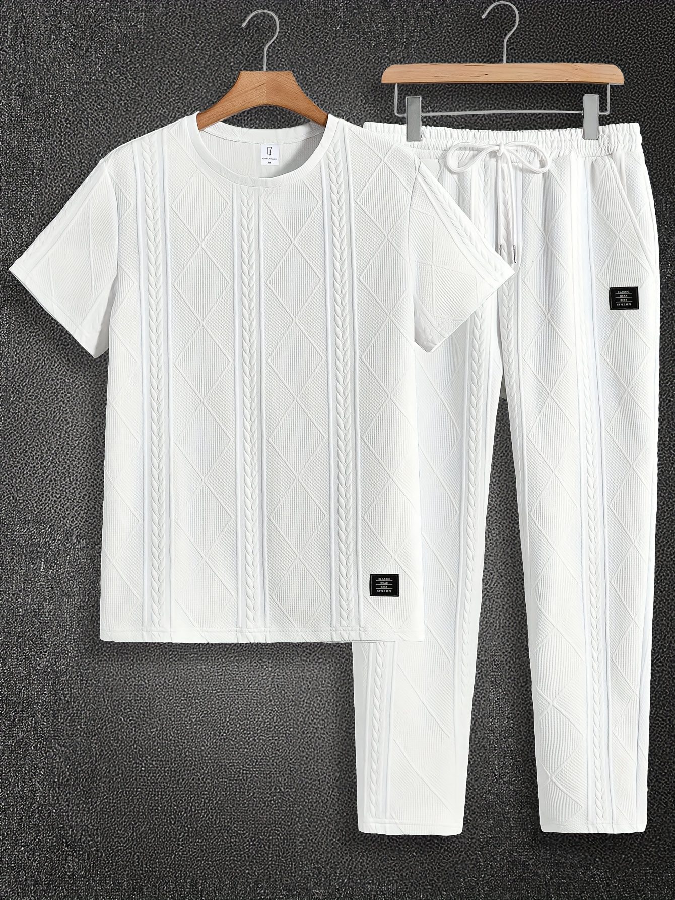 Men'S Suit Round Neck Car Knit Label Tassel Texture Short Sleeve Top Drawstring Slant Pocket Long Pants Casual Two-Piece Set