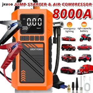 Upgraded 10-In-1 Multifunctional Portable Air Compressor, Equipped with 180 PSI Air Pump, Heavy-Duty Car Emergency Jump Start Kit, Emergency Starter Box for 5.0L Gasoline/101.44Oz Diesel, Portable Tire Inflator, 8000A Peak, 3 Modes Lighting