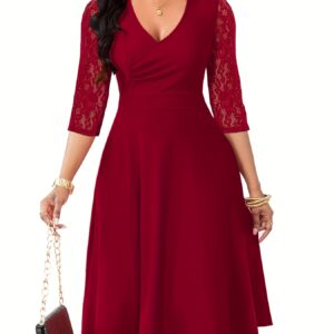 A-Line Dress with V Neck And Lace Sleeves for Women, Perfect for Weddings And Cocktail Parties