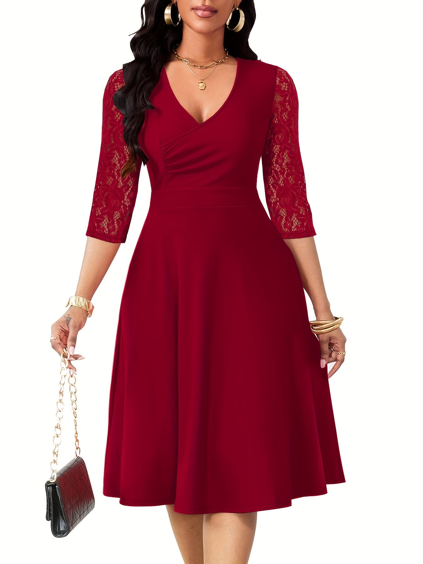 A-Line Dress with V Neck And Lace Sleeves for Women, Perfect for Weddings And Cocktail Parties