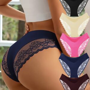 5pcs Women'S Seamless Lace Trim Briefs - Sexy Breathable Stretchy Underwear, Solid Color Panties for Everyday Comfort & Clothing, 5 Colors (Black, Beige, Pink, Navy, Burgundy), Lace Panties, Comfortable Underwear, Elegant Underwear, Quality Underwear Construction
