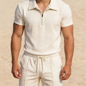 Men's Summer Short Sleeve 2pcs Set with Lapel Zipper Collar and Casual Shorts with Elastic Drawstring Mid-Waist Pants